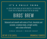 Birds' Brew Coffee Description Label