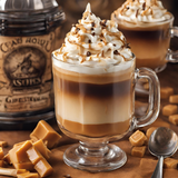 Fancy Glass Coffee Cup with whipped cream on top with drizzle