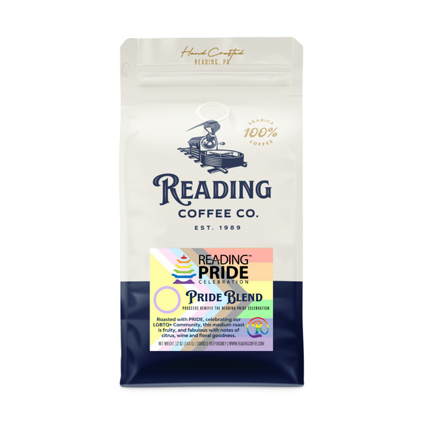 A bag of Reading Pride Blend - Reading Coffee Logo in a Rainbow.