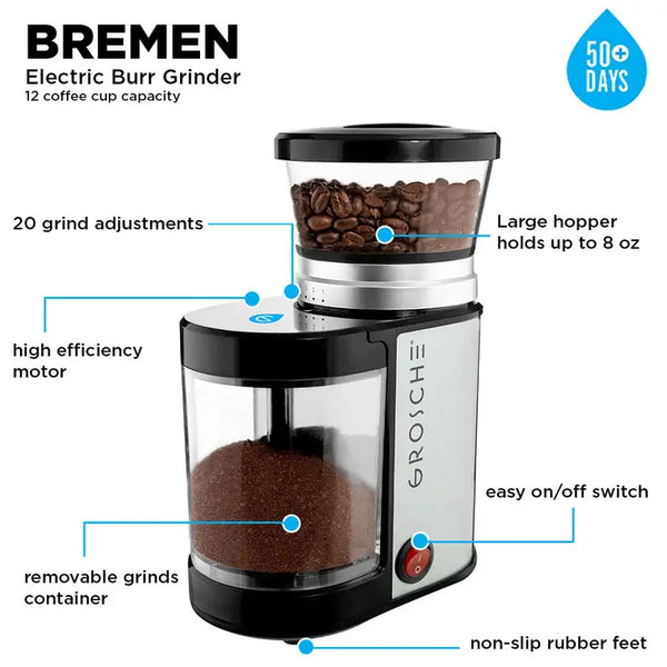 Grosche Bremen Burr Coffee Grinder with a list of features