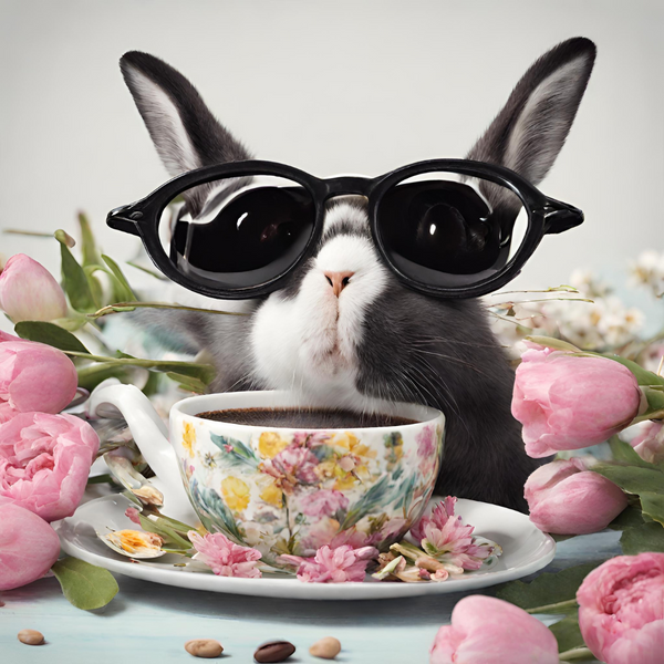 An image of a Bunny wearing sunglasses sitting on top of a floral coffee cup