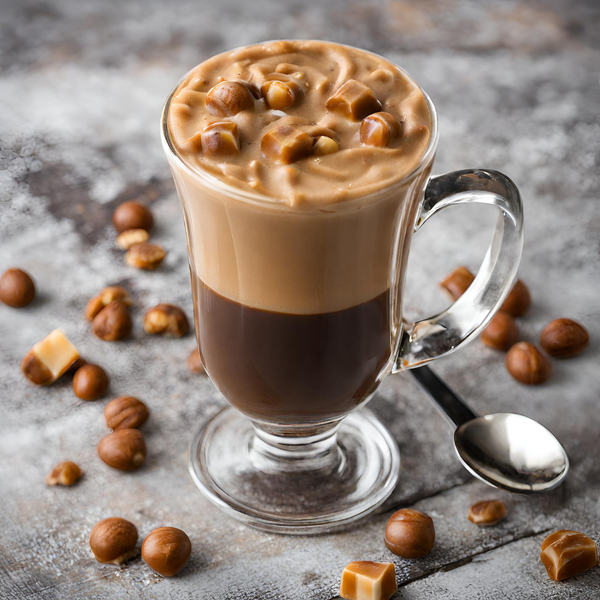 Glass coffee cup with butterscotch and hazelnuts spread around