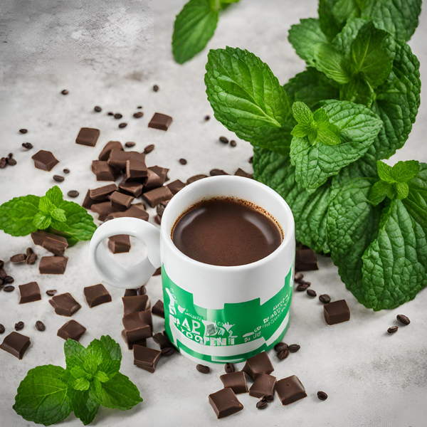 Image of Peppermint Leaves around a cup of coffee
