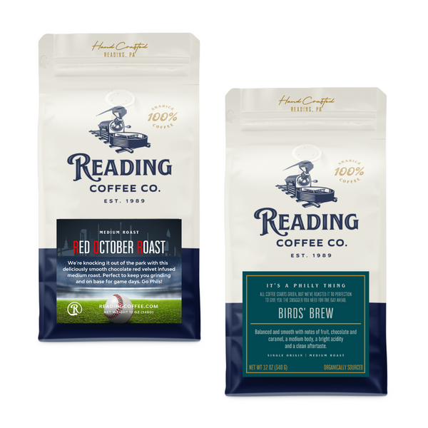 A bag of Red October Roast and a Bag of Birds' Brew