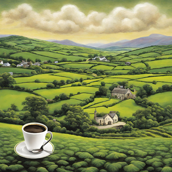 An image of a green Irish Countryside with a coffee cup in the foreground