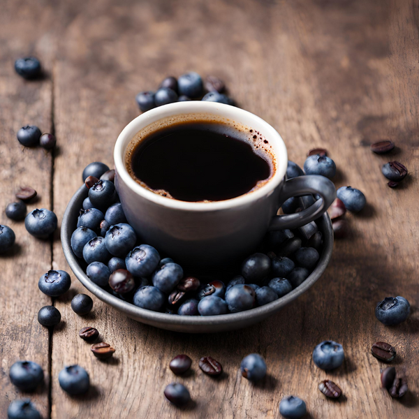 Blue Coffee Cup with Blueberries spread all around 