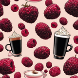 Glass coffee cups filled and topped with whipped cream and raspberries spread around