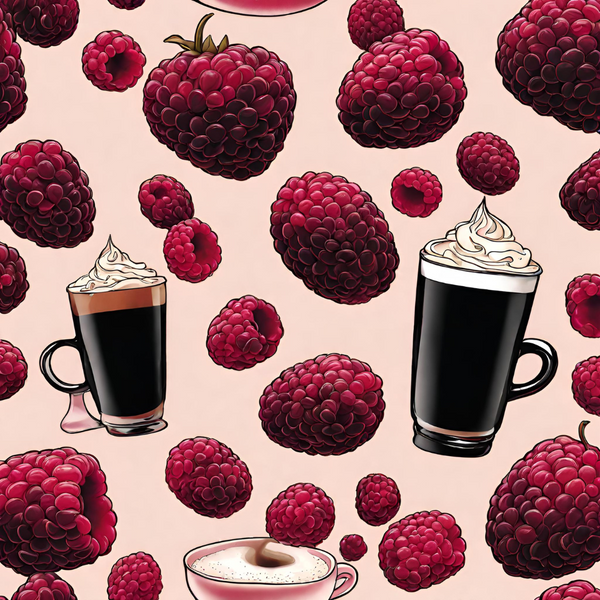 Glass coffee cups filled and topped with whipped cream and raspberries spread around