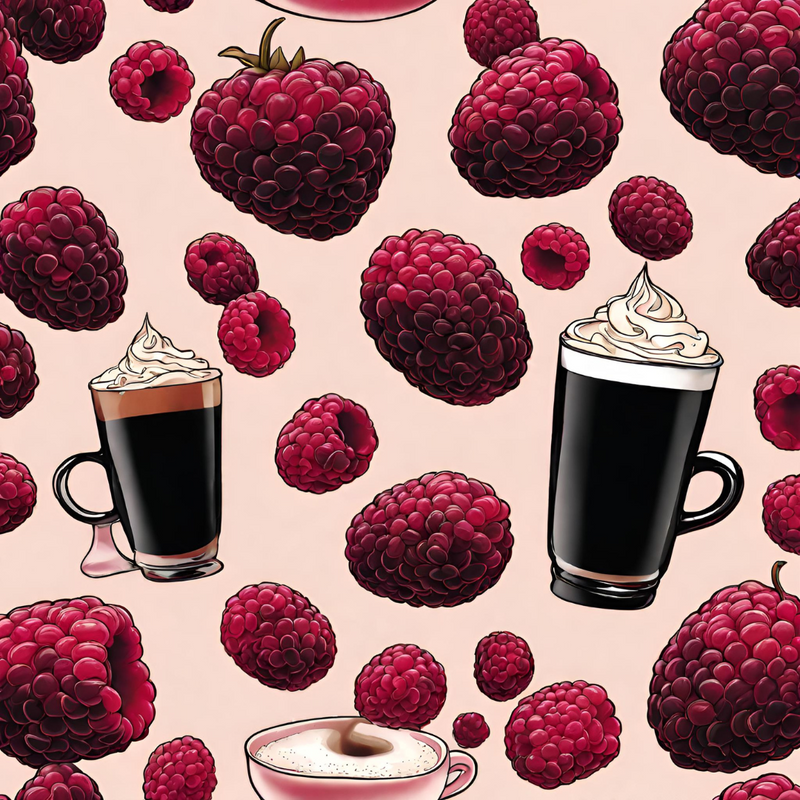 Glass coffee cups filled and topped with whipped cream and raspberries spread around