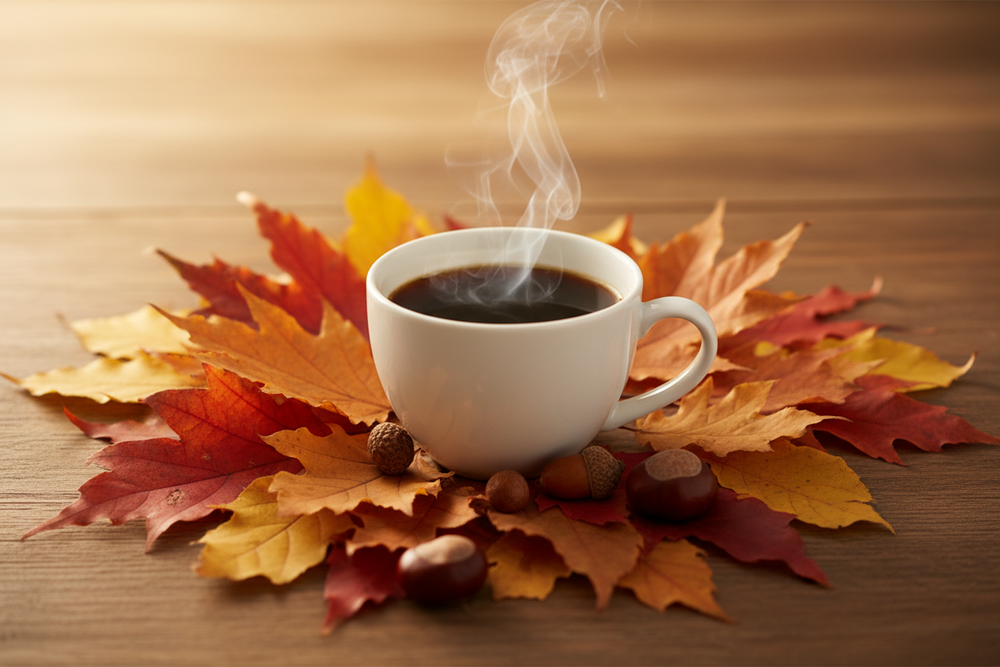 web banner (horizontal) with fall leaves surrounding a cup of hot coffee